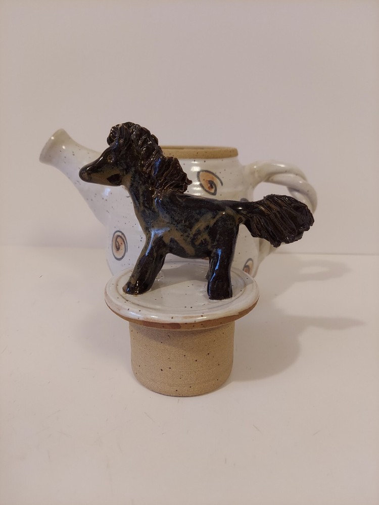 Horse Figure Lid Handmade Ceramic Teapot Signed
