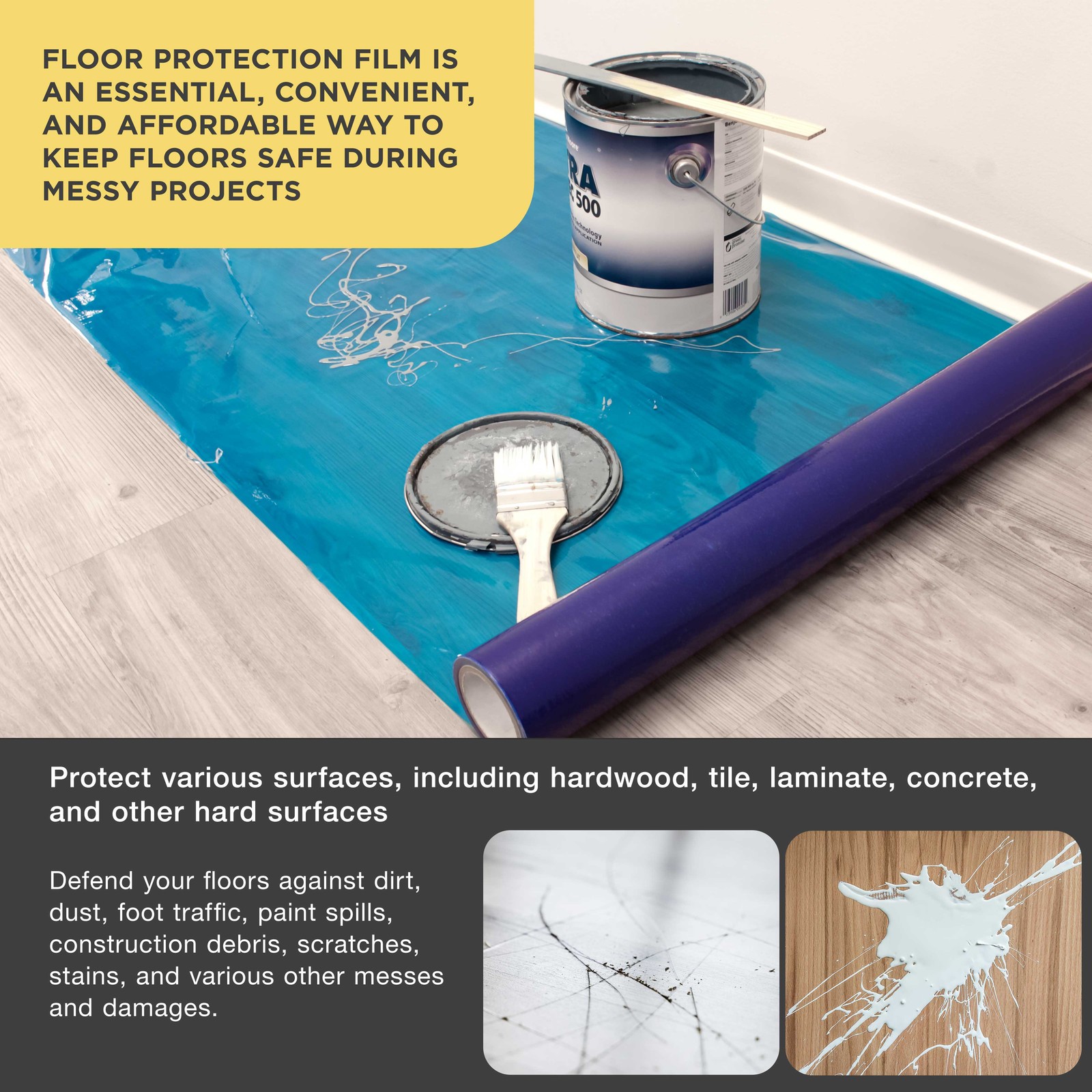 Floor Protection Film, 24" x 200' Roll - Self Adhesive Cover, Paint Spills, Dust