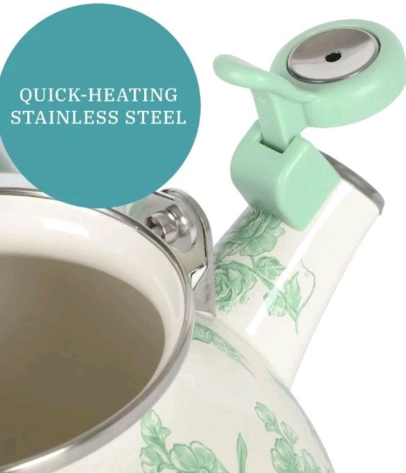 Pioneer Woman ~ AGATHA ~ 2 Quart Tea Kettle ~ Enamel on Steel ~ Floral ~ GREEN