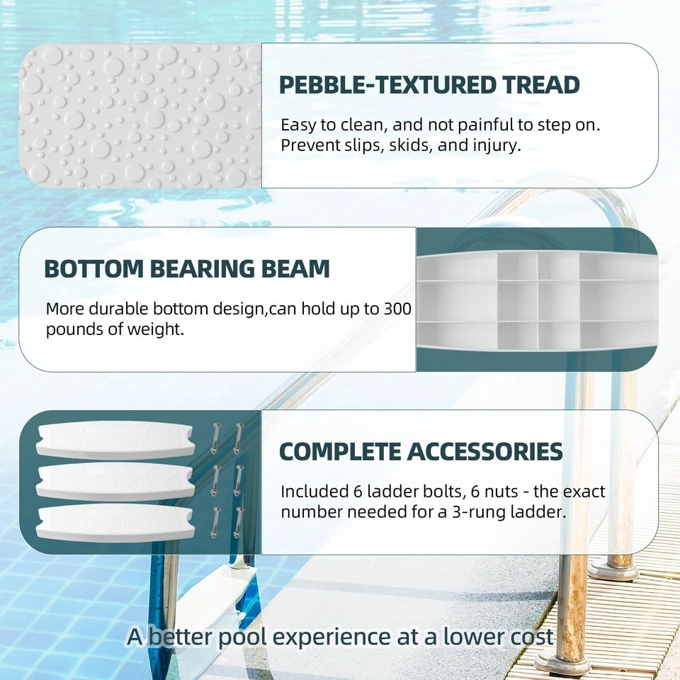 3-Pack White 18 Universal Pool Ladder Steps Replacement Heavy-Duty Molded Pl