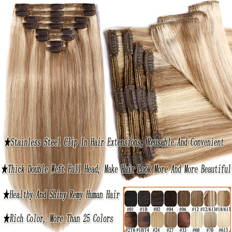 Thick Double Weft Clip In Real Remy Human Hair Extensions Full Head Highlight US