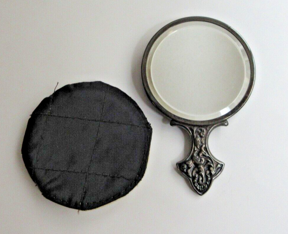 Victorian Ladies Pocketbook Purse Silver Hand Mirror with Black Satin Cover