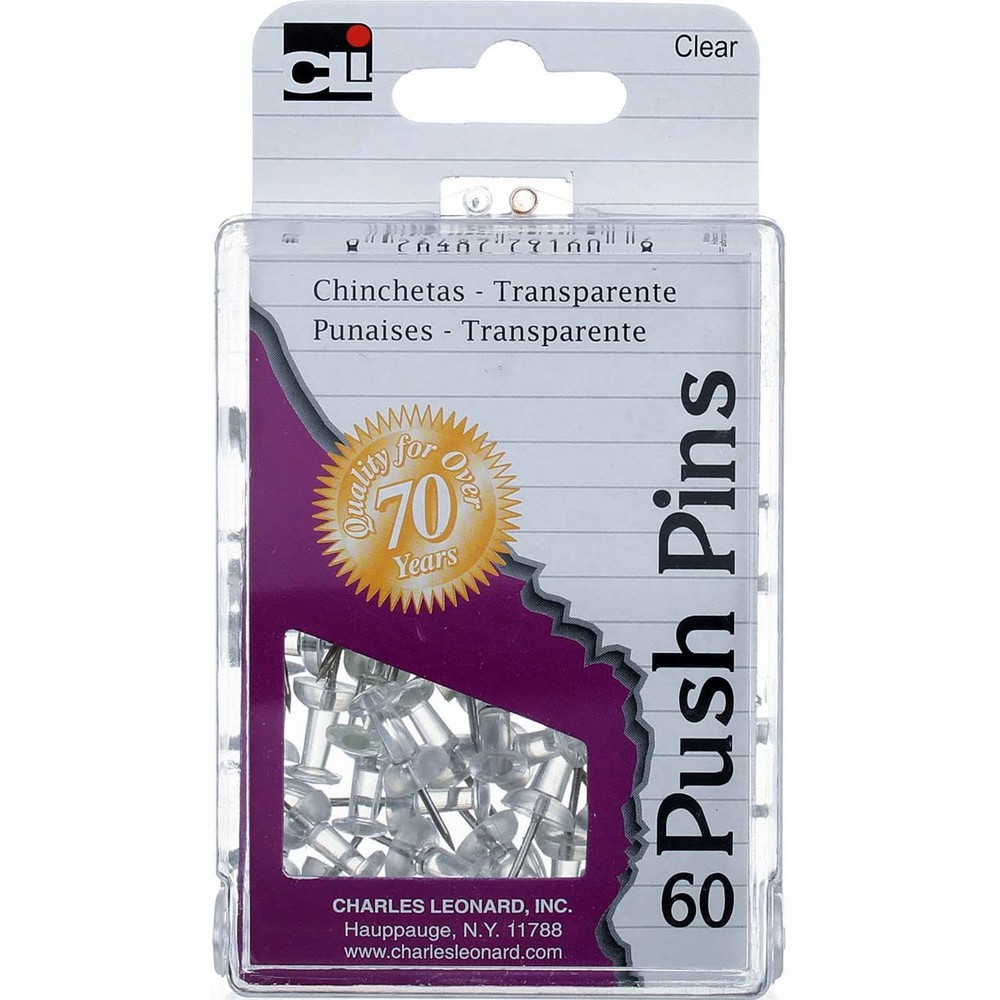 Charles Leonard Push Pins in Reusable Box, Clear, 60/Box (79160)
