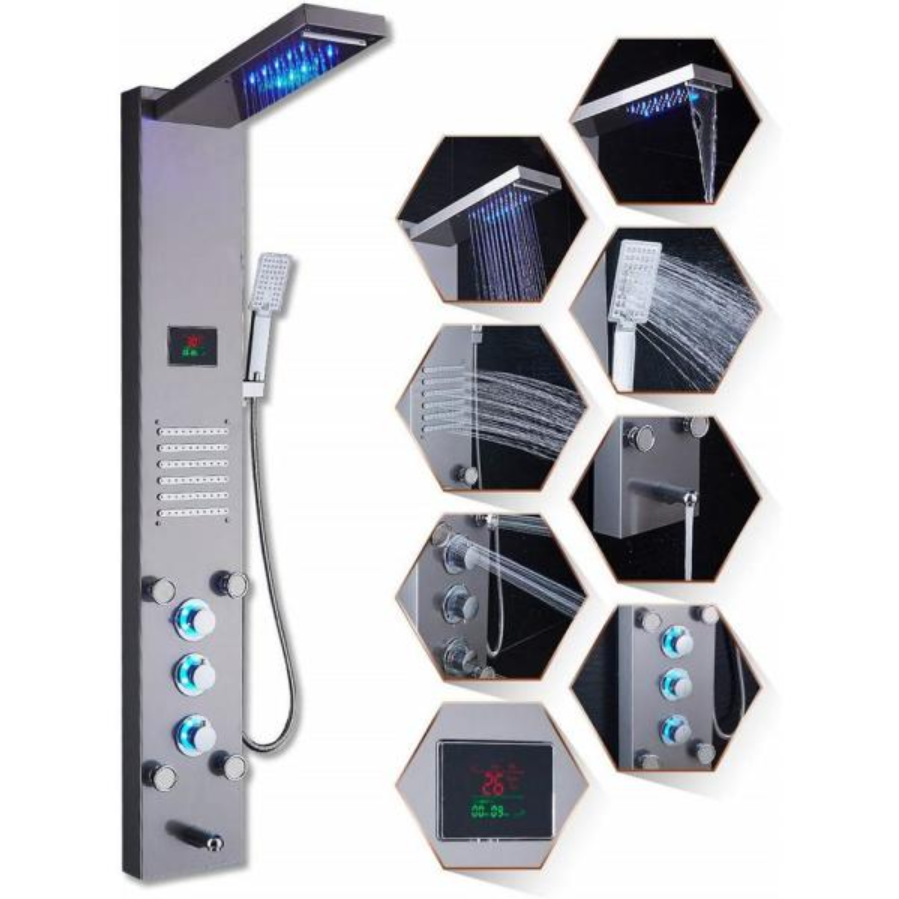 Blue Waterfall LED Shower Head Luxury Tower Panel High Pressure Massage System