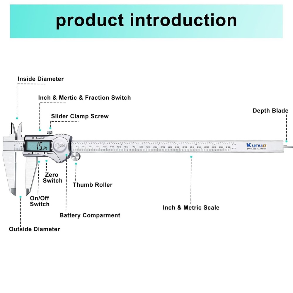 Inch Metric Fraction Measuring Tool 12" Caliper