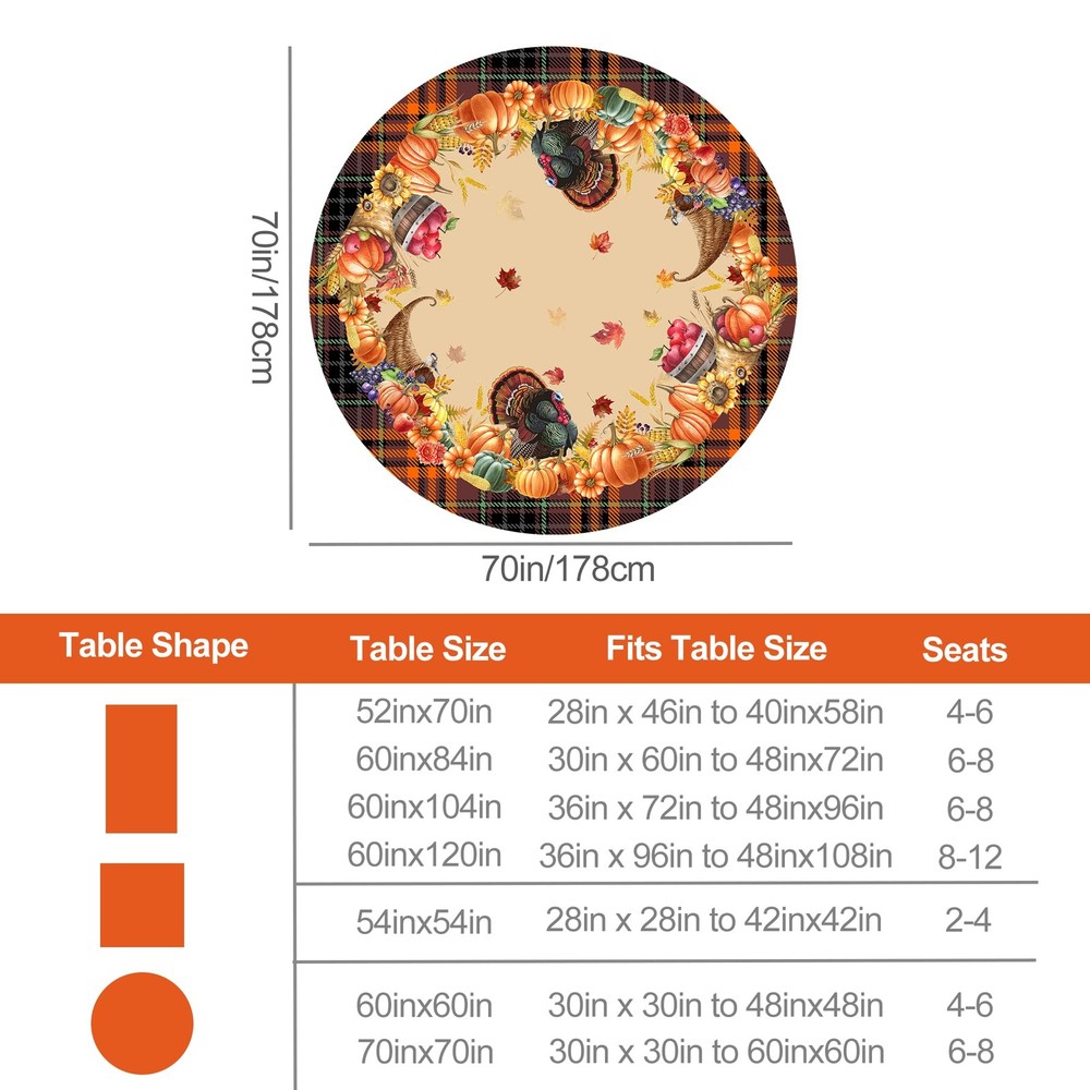 Thanksgiving Round Tablecloth 70" Turkey Pumpkin Fall Decor Dinner