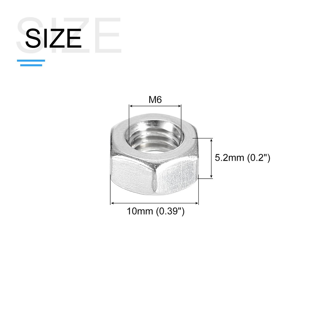 Hex Nuts (M6x1mm) 100Pcs 304 Steel Metric Coarse Thread Nut Silver