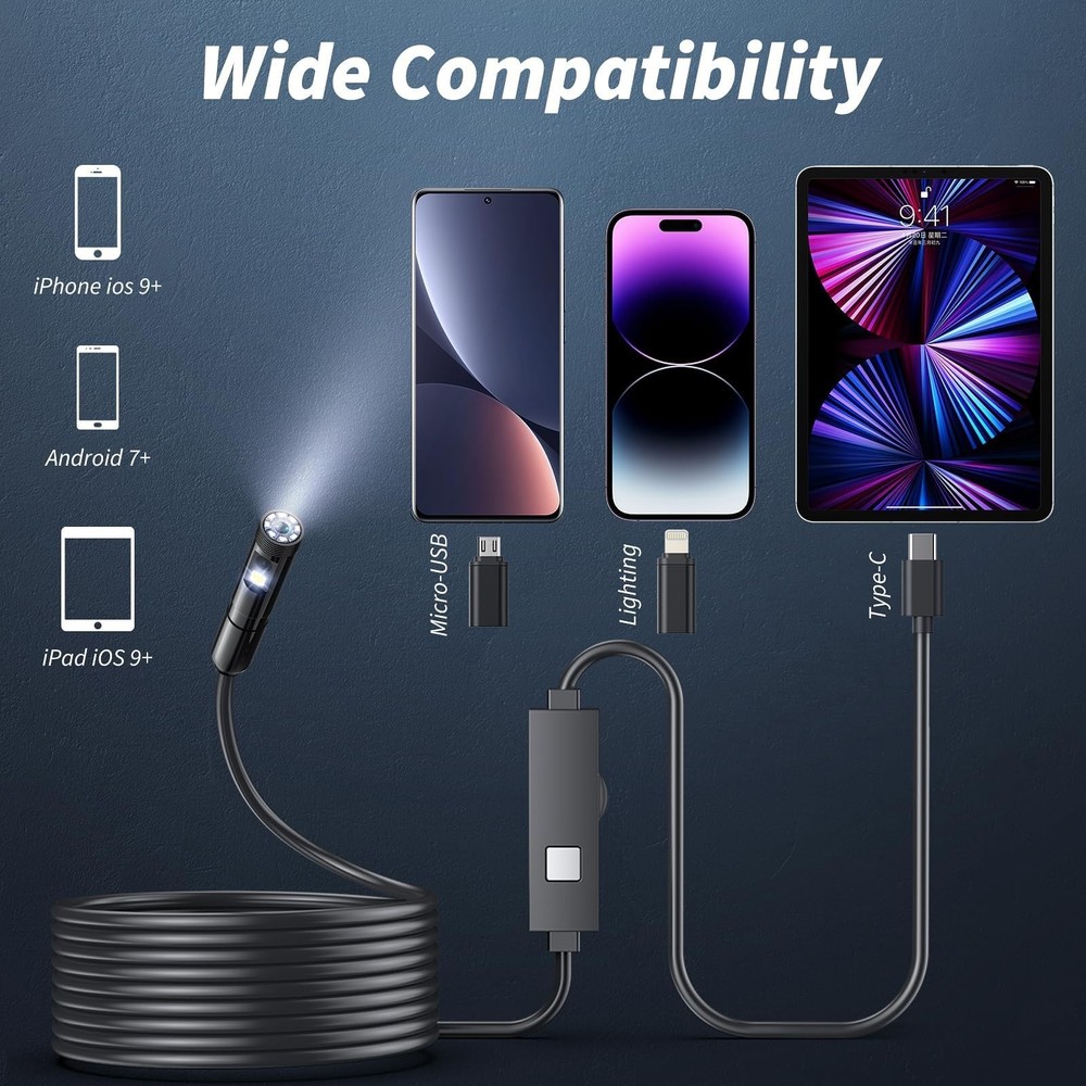 Endoscope Camera with Light,1920P HD Borescope Tools with 8 Adjustable LED Li...