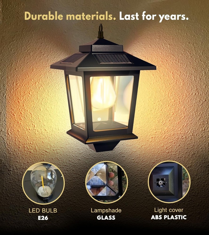 2 Pack Solar Wall Lanterns with Replaceable Bulb, Outdoor Hanging Solar Lights w