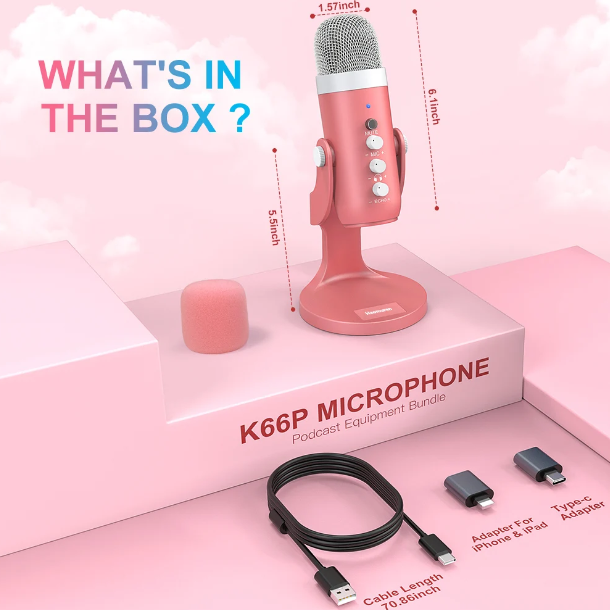 Gaming USB Pink Microphone with Quick Mute for Phone Computer PC PS5, Studio