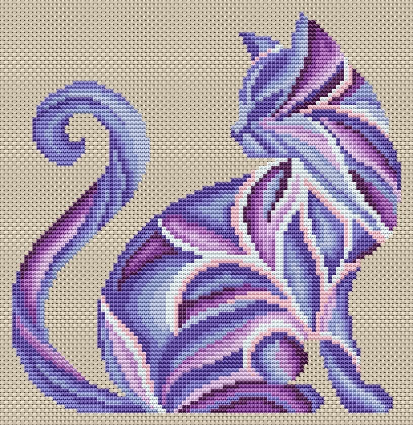 Cross Stitch Printed Pattern Purple Abstract Cat DIY Chart Needlework DMC Color