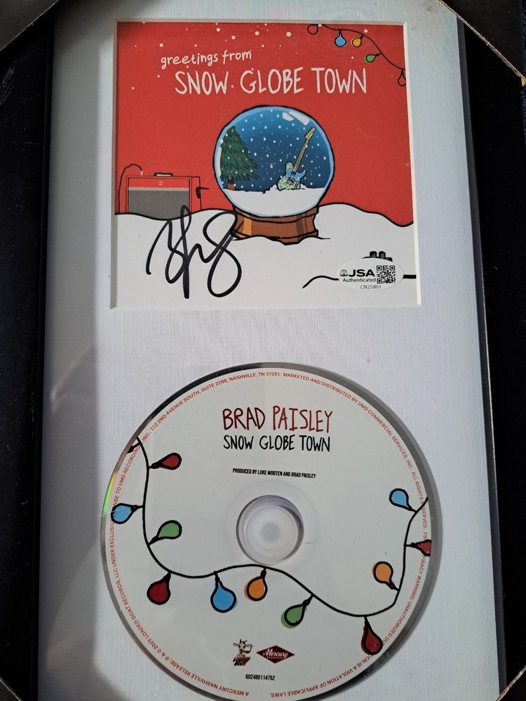 BRAD PAISLEY SIGNED SNOW GLOBE TOWN CD FRAMED AND MATTED