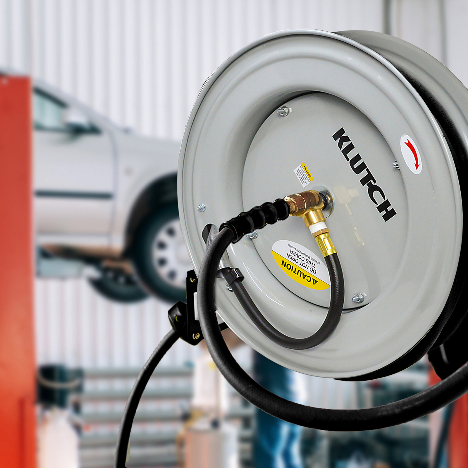 Klutch Auto Rewind Air Hose Reel with 1/2in. x 50ft. Rubber Hose, 300 PSI