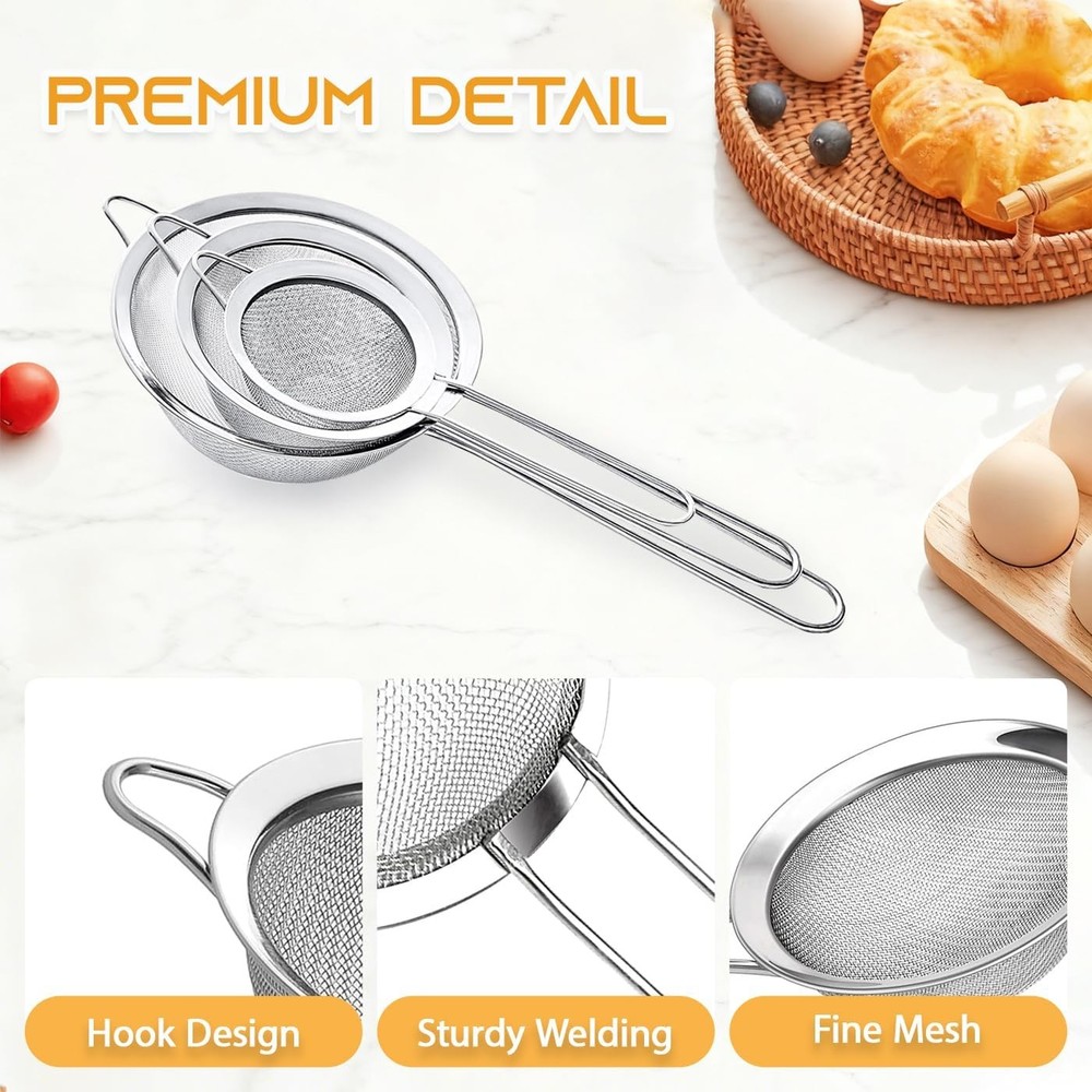 3Pcs Fine Mesh Strainer W/ Handle Small Medium Large Size Sieve Strainers Set