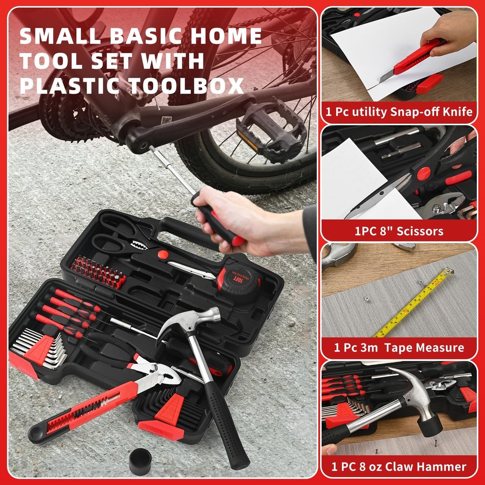 GETFOO 58-Piece Tool Kit Basic Home Repair Set, General 58-Piece, Red