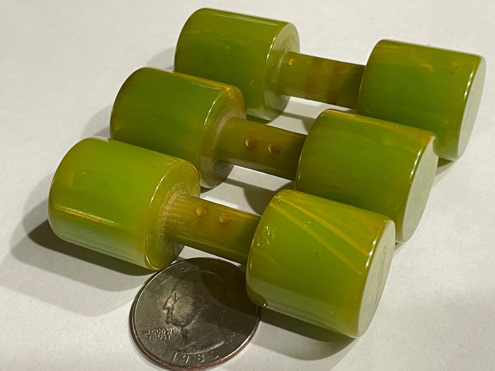 HUGE Bakelite Toggle Barbell Buttons (THREE). Marbled Green. 1940s