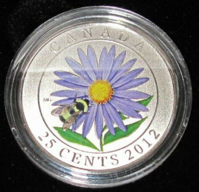 2012 CANADA - 25 CENTS - ASTER WITH BUMBLE BEE - PROOF COLORIZED - RAM w/ COA