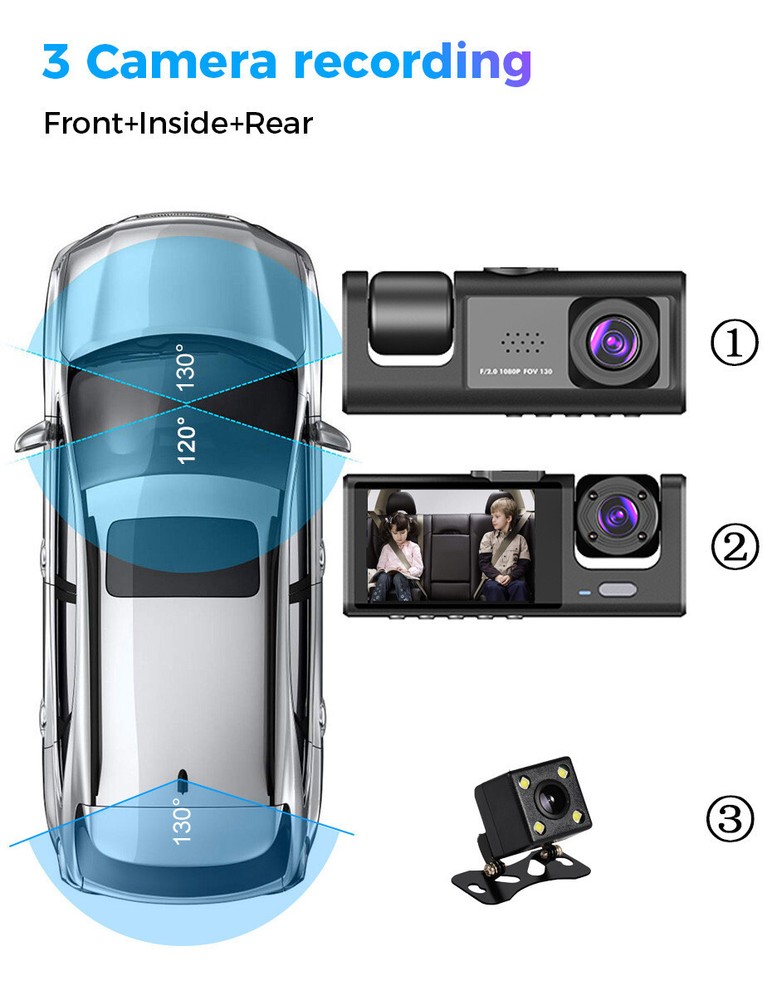 Dash Cam Car DVR Recorder Front Rear Inside Camera Night Vision Loop Recording