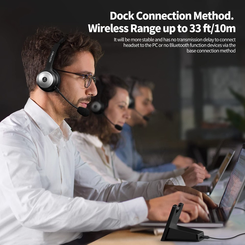 TECKNET Wireless Headset for Work, 40Hrs Worktime AI Noise Cancelling Computer H