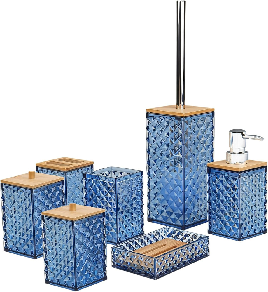 Bathroom Accessory Set,7 Pcs Blue Bathroom Set Include Soap Dispenser, Qtip Hold