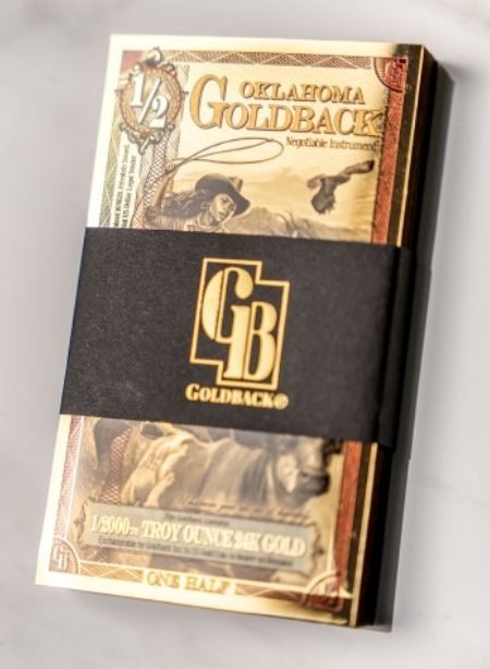 1/2 Oklahoma Goldback ~ 1/2000th oz 24K Gold Foil Note ~ Authenticated