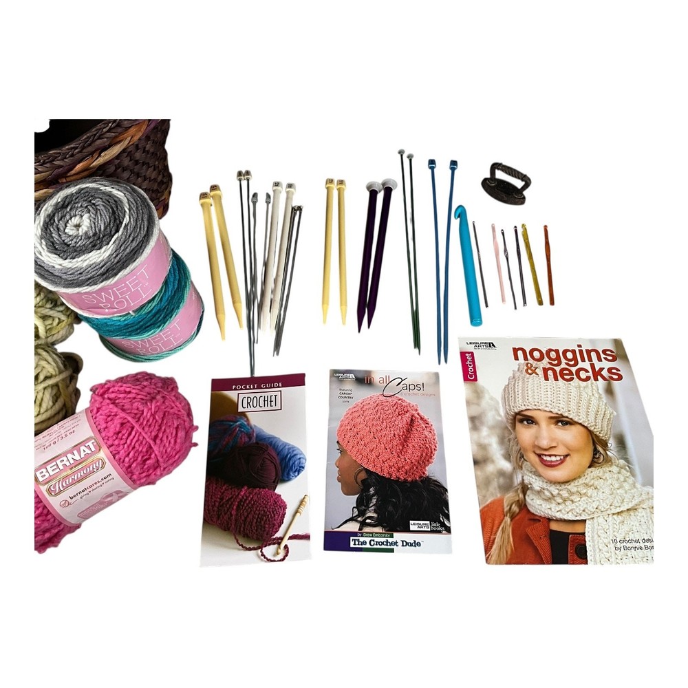Complete Yarn & Crochet Bundle with Basket – Hooks, Needles, Books & Yarn Lot