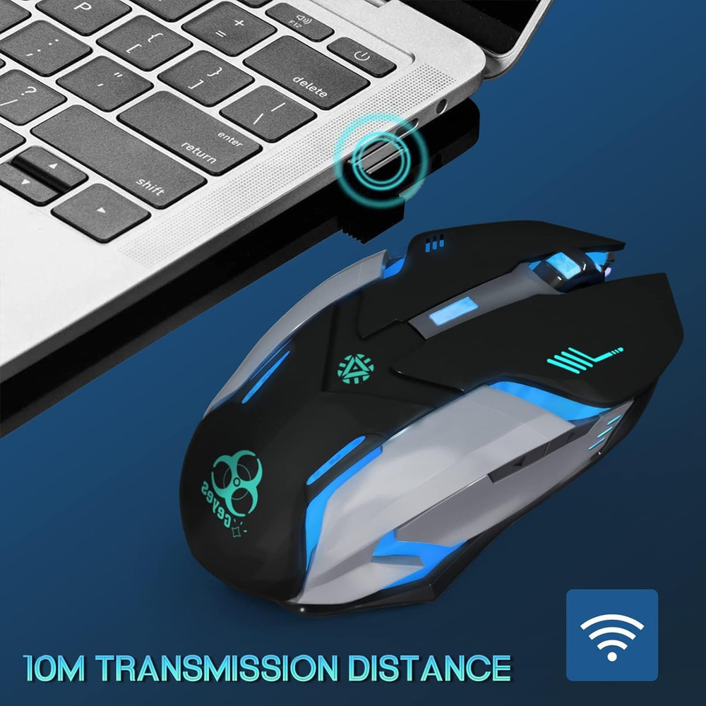 Wireless Gaming Mouse, C8 Silent Click Wireless Rechargeable Mouse with Colorful