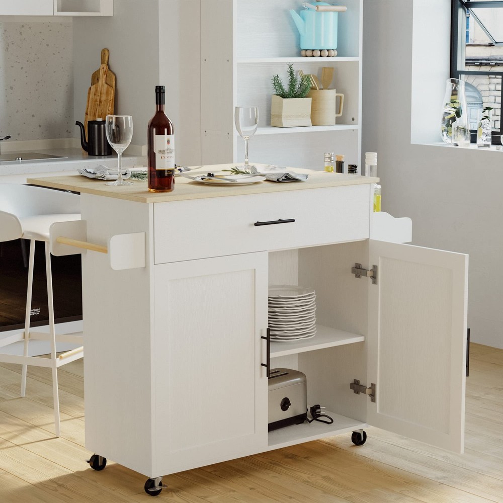 IRONCK Rolling Kitchen Island Table on Wheels with Drop Leaf, Storage Cabinet, D