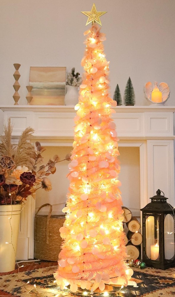 6 FT Pop Up Christmas Tree with 100 Timer Lights & Remote, Pink Collapsible C...