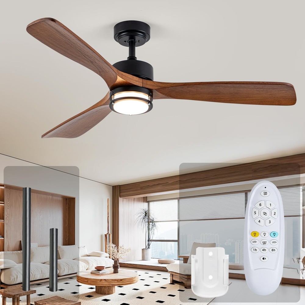 52” Outdoor Ceiling Fan with Light, 3 Walnut Solid Wood Blade, Remote Control...