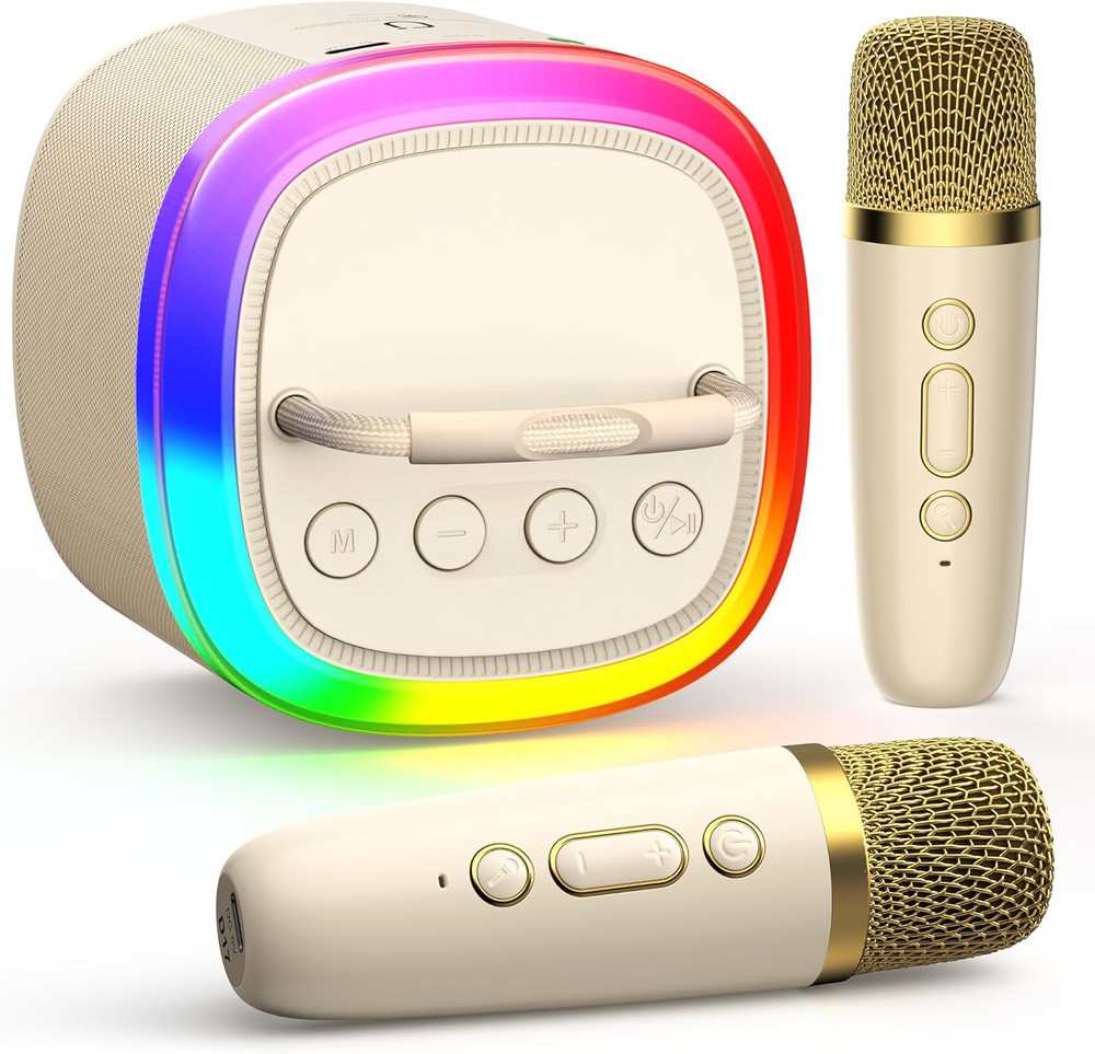 Mini Karaoke Machine for Kids Portable Bluetooth Speaker with 2 Wireless Microph