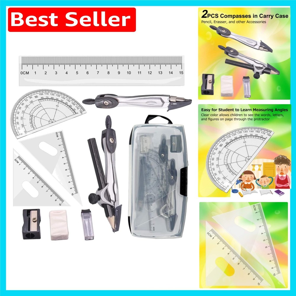 10-Piece Drafting Geometry Set with Compasses & Protractor for Student Success