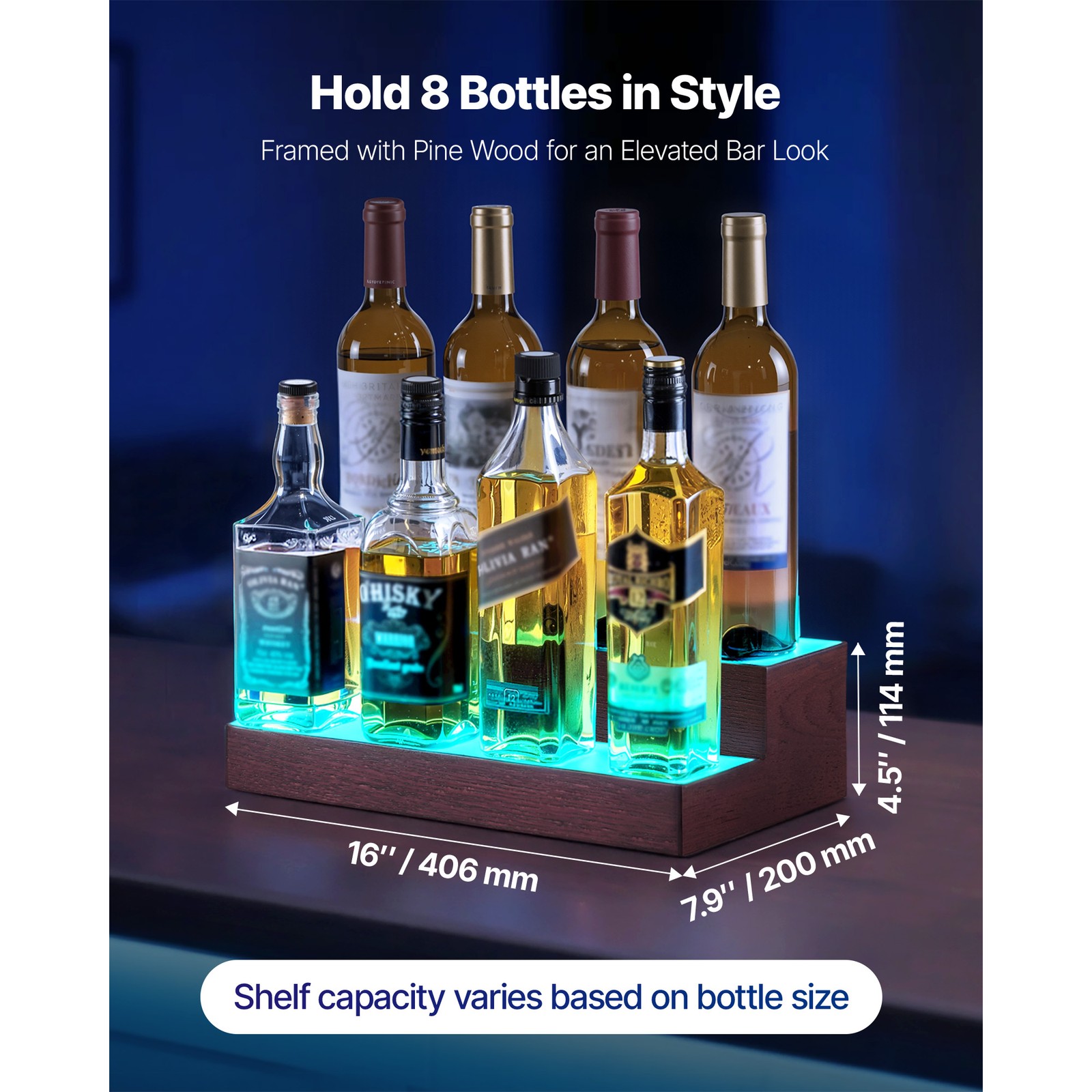 Uimoso LED Illuminated 2-Tier Liquor Bottle Display Rack, 16-In, Holds 8 Bottles