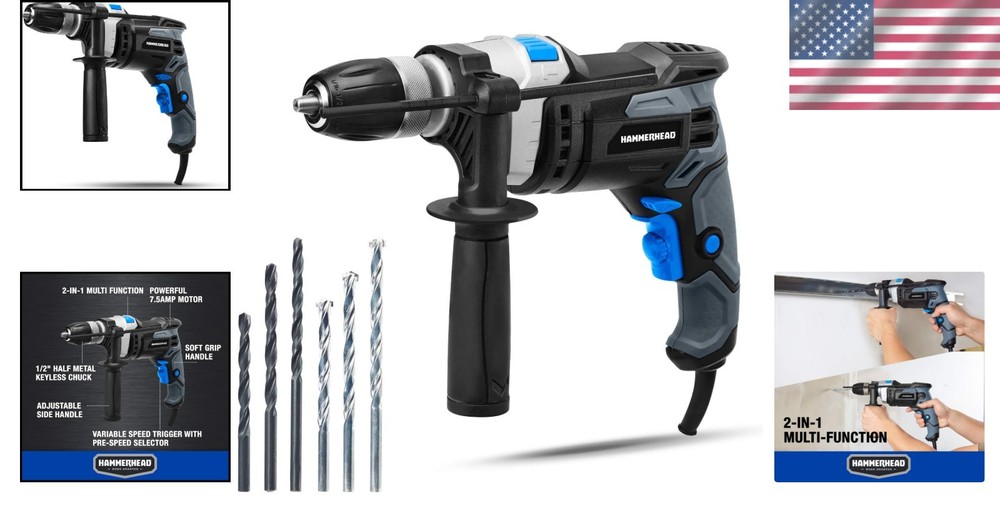 Powerful 1/2 Inch Electric Hammer Drill with Variable Speed & Bits Kit