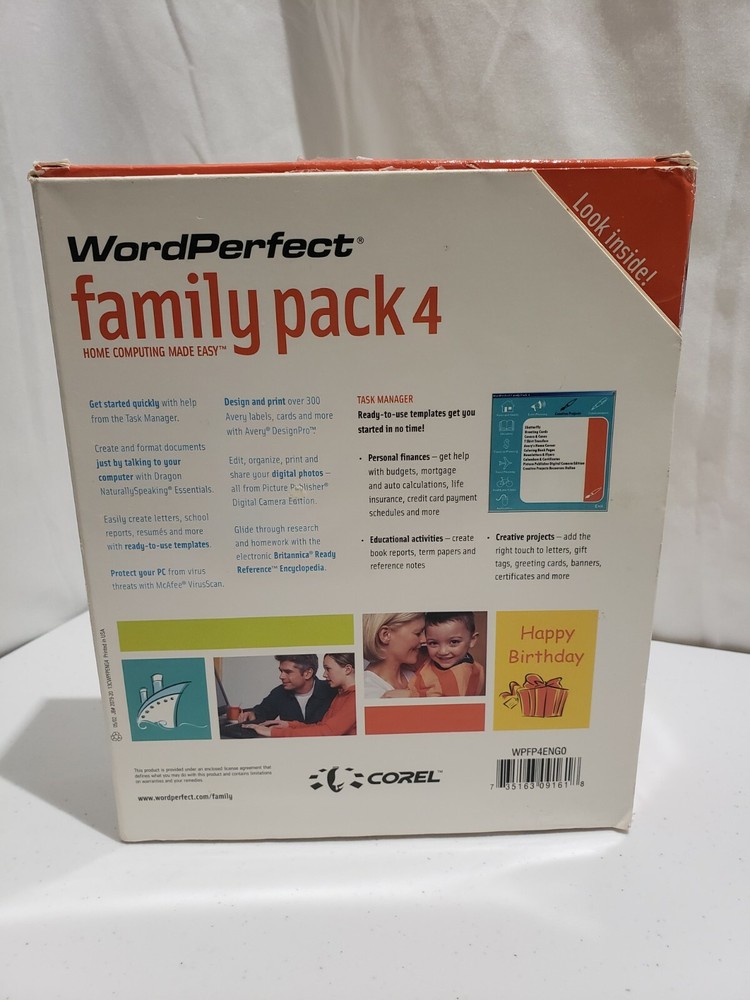 WORDPERFECT Family Pack 4 Home Computing W/Headset WIN98E/ME/2000/XP SEALED!!