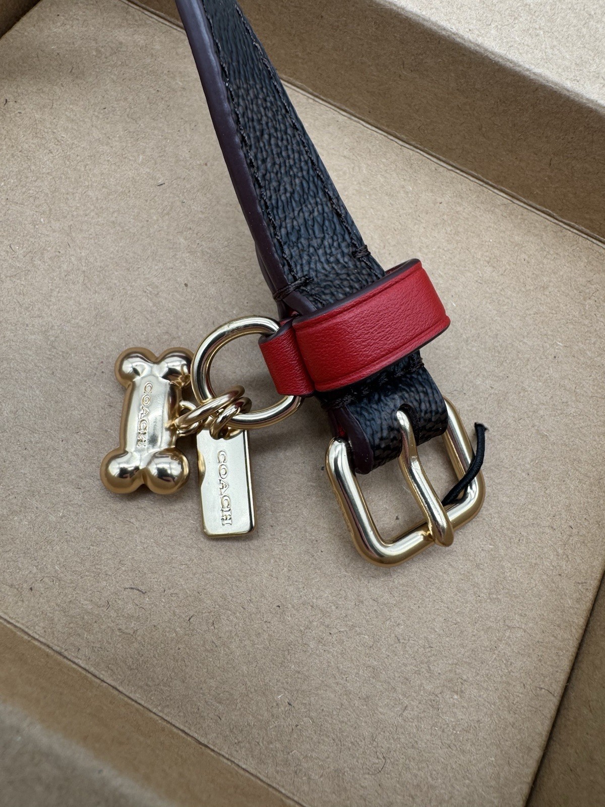 NIB Coach Signature Pet Collar Walnut Bold Red Black Charm Small 9.8”-13.8”
