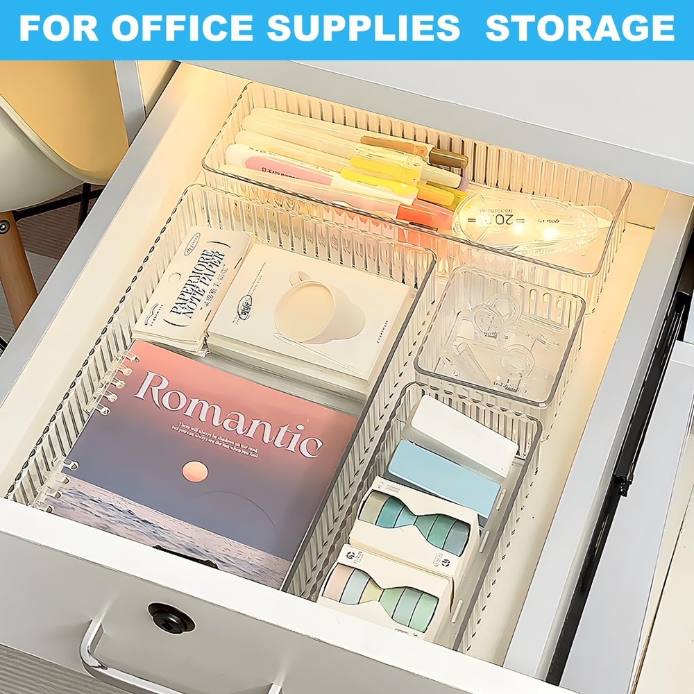 HOTOOLME 7PCS Clear Drawer Organizers Bins, 4 Size Stackable Makeup Drawer Or...