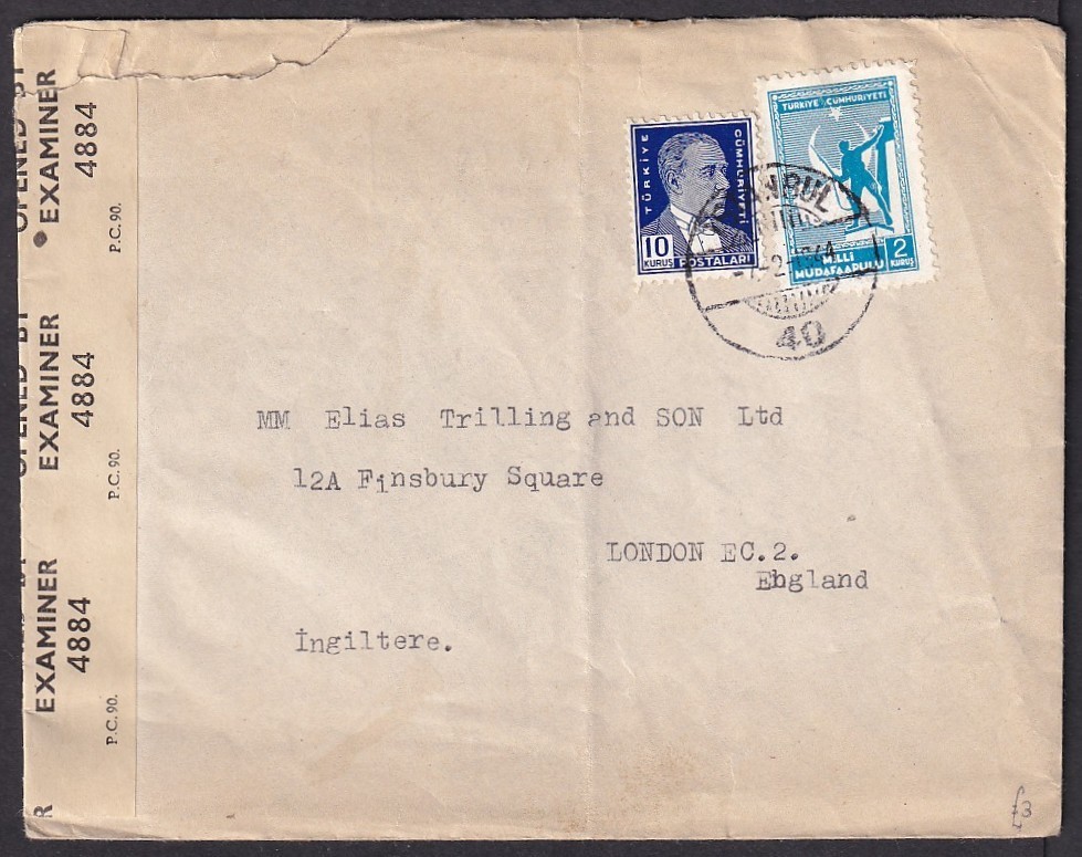 Turkey World War 2 censor cover to UK