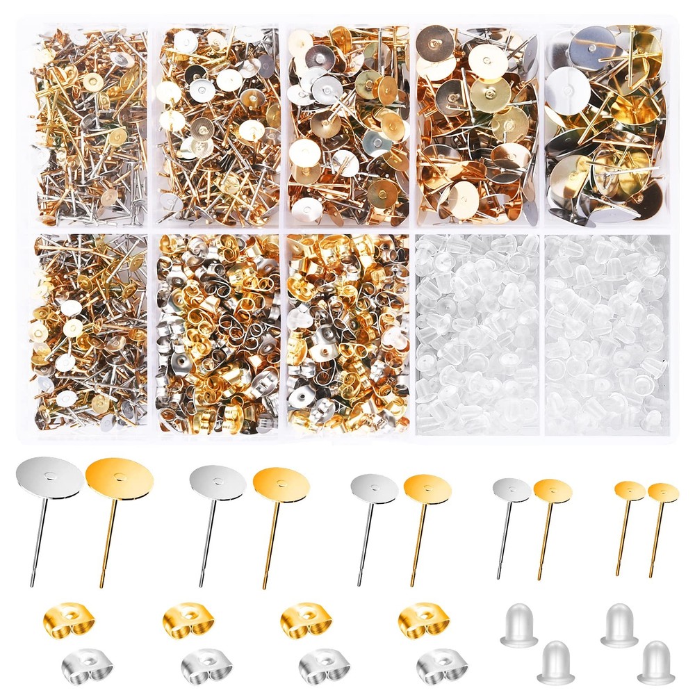 Earring Posts and Backs, 2000Pcs Golden and Silver Hypoallergenic Earring Stu...