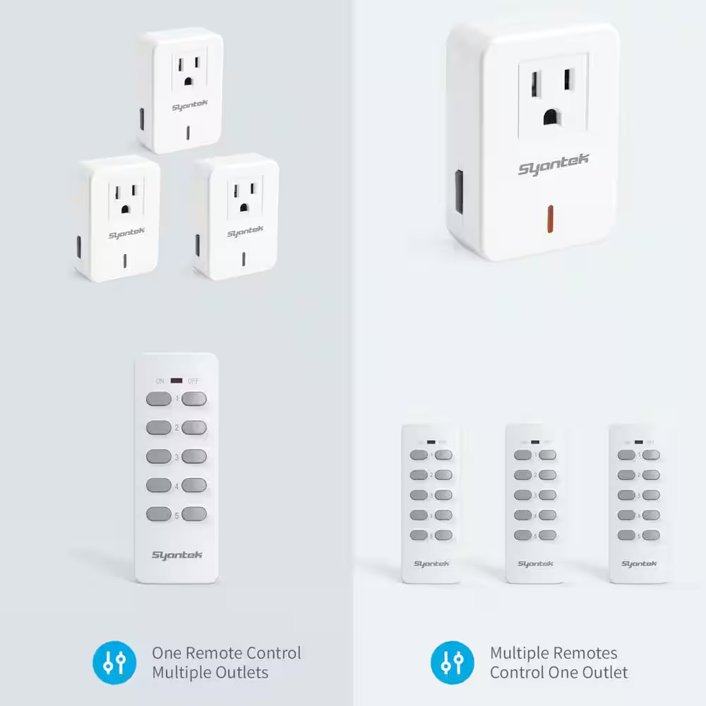 White 5 Socket 2 Remote Control Wireless Electrical Switch Set, 100 Feet Remote