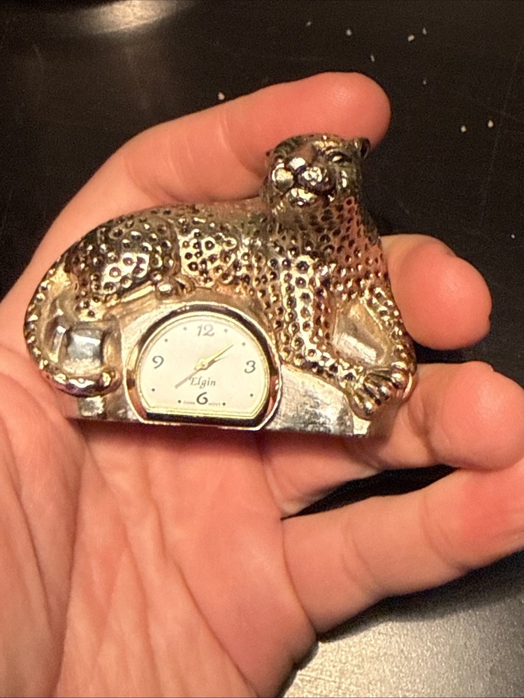 Elgin Leopard Desk Top Mini Clock Goldtone Untested