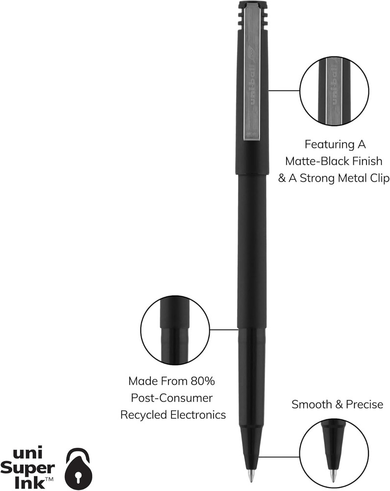 Uni-Ball Roller Rollerball Pens Fine Point Micro Tip 0.5Mm Black 12 Pack