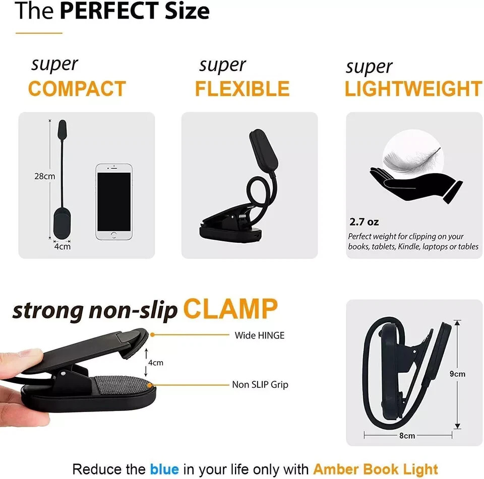 Amber Book Light for Nighttime Reading - Blue Blocking, Black