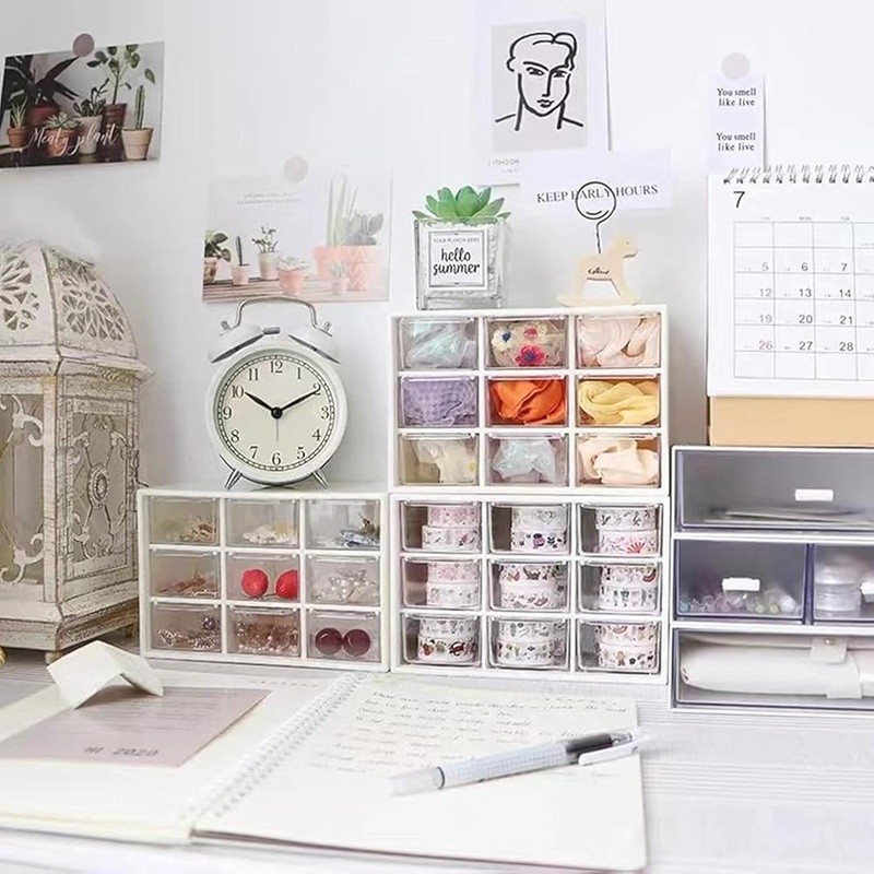 Mini Drawer Organizer Transparent Wall Mountable 9 Compartment Plastic Storage