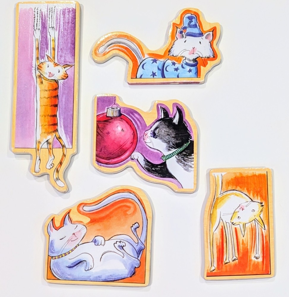 Set/5 Wooden Cat Magnets  DAMAGE