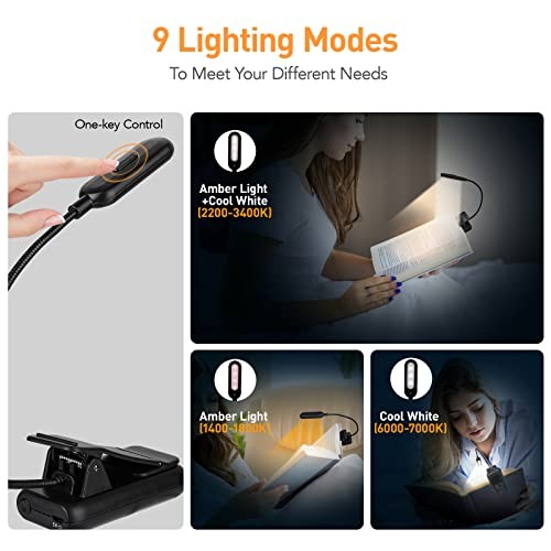 Amber Rechargeable Reading Light, Blue Light Blocking Book Light, 1-Pack Black