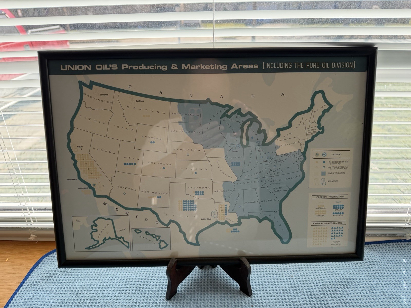 ANTIQUE UNION 76 OIL PRODUCING & MARKETING AREA REFINERIES FRAMED U.S. MAP