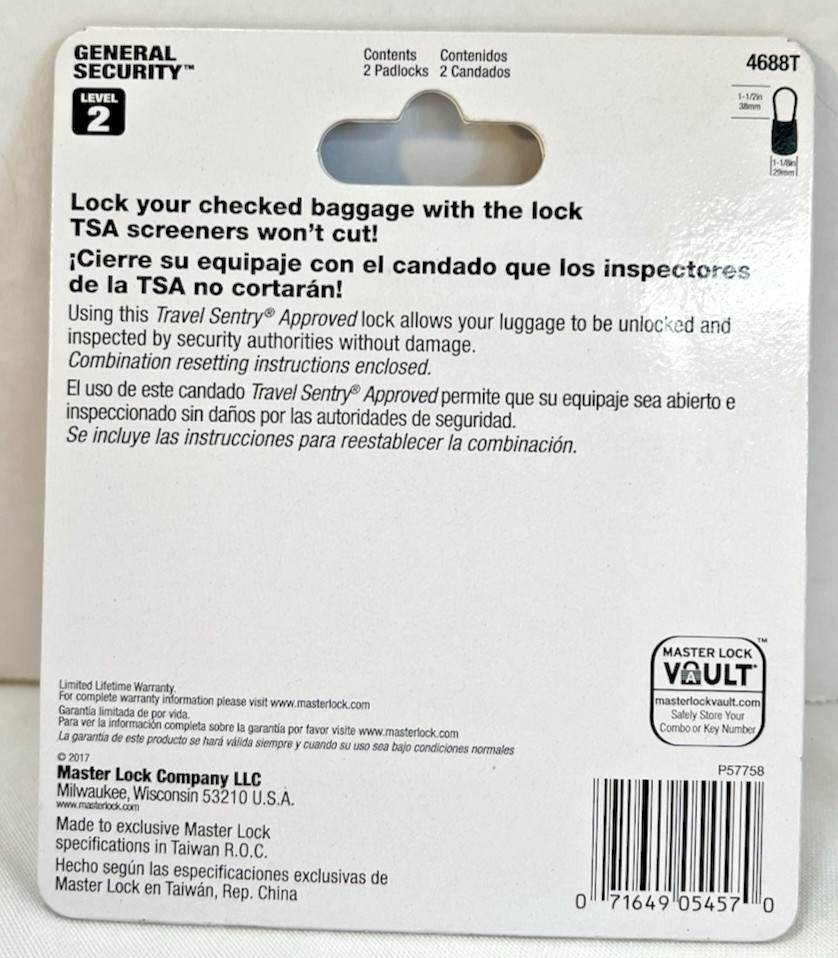 Brand New Master Lock 4688T Padlock Set, Blue- 2 Pack Combination Level 2