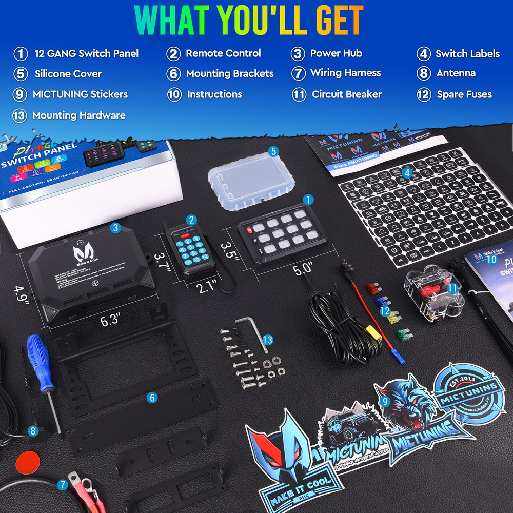 MICTUNING P1Y 12 Gang Switch Panel Wireless Remote Circuit Control Lights System