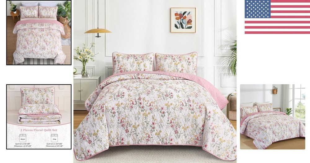 Soft Microfiber King Size Quilt Set in Pink Floral Pattern for -Round Style